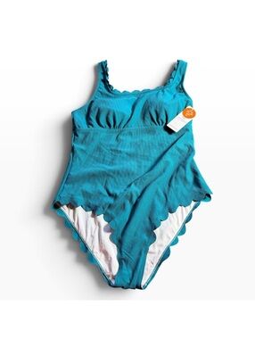 CHARMO women's one piece dark teal scalloped hem UPF 50+ one piece swimsuit NWT